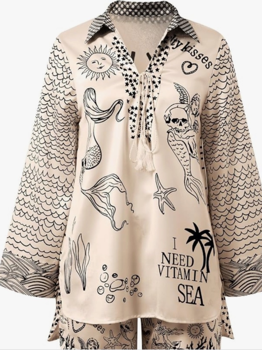 Beach Graphic Satin Lounge Set | Coastal Print Button-Up Shirt & Shorts | Vacati - Picture 4 of 10